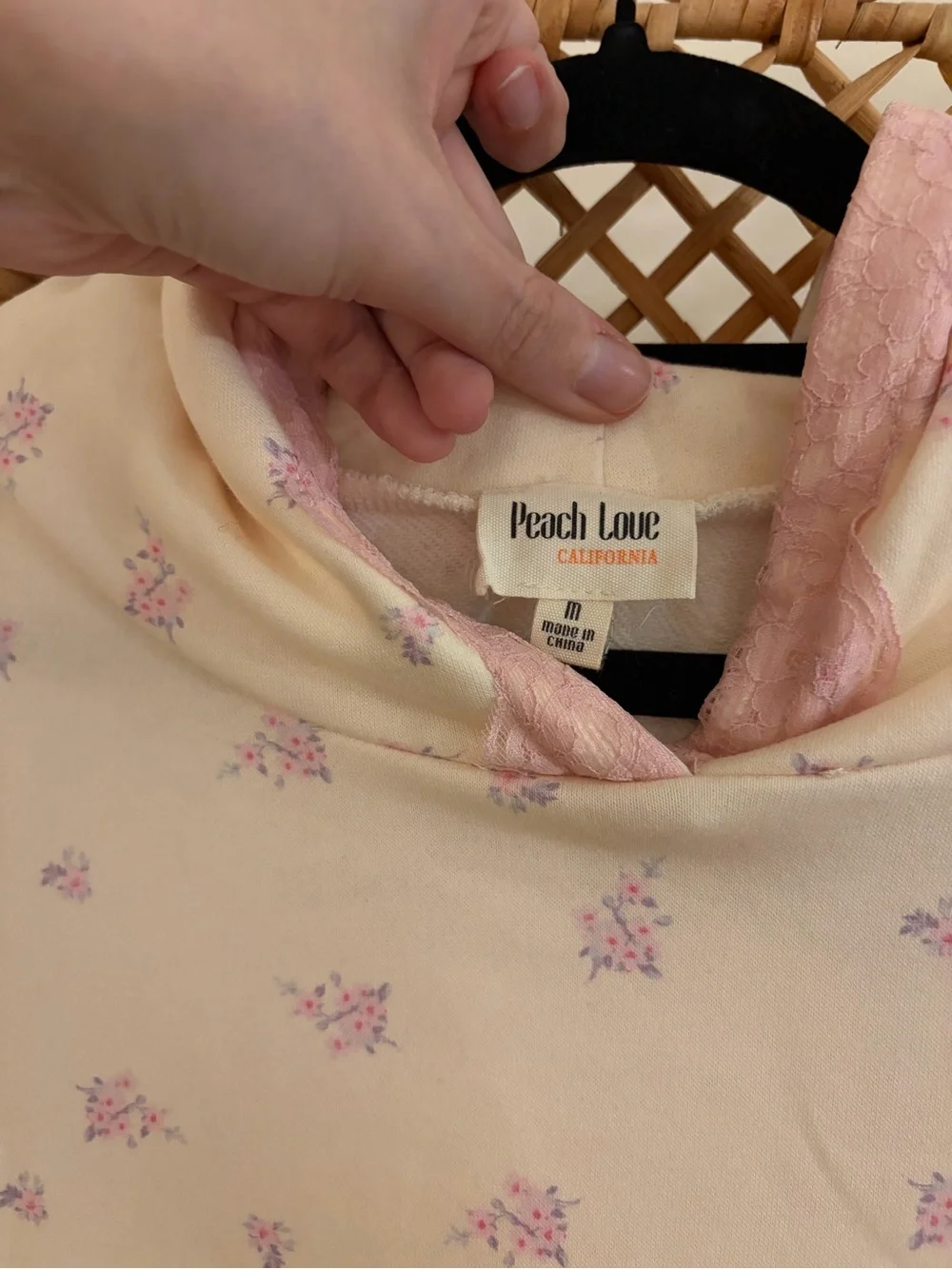 Women's Pale Yellow & Pink Floral Print Lounge Hoodie & Shorts Set w/ Lace Trim - Picture 2 of 10